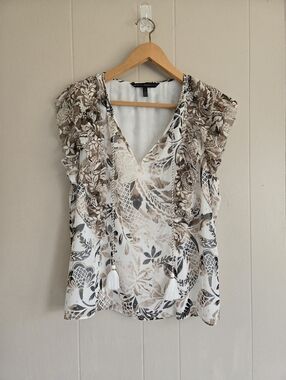 White House Black Market Blouse Brown Floral Tassle Tie Sleeveless L